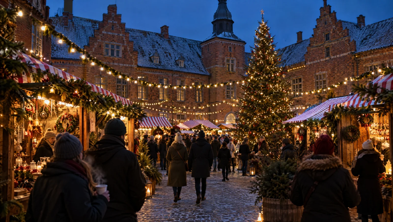 Julemarked med boder og lyskæder i gården på en gammel herregård i skumringen