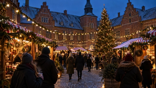 Julemarked med boder og lyskæder i gården på en gammel herregård i skumringen